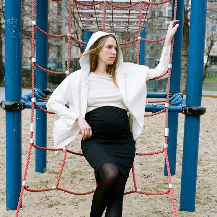 maternity box includes maternity top, maternity pants and maternity skirt, cover your belly and support your back, black cotton elastic. maternity skirt with white jacket. cruba