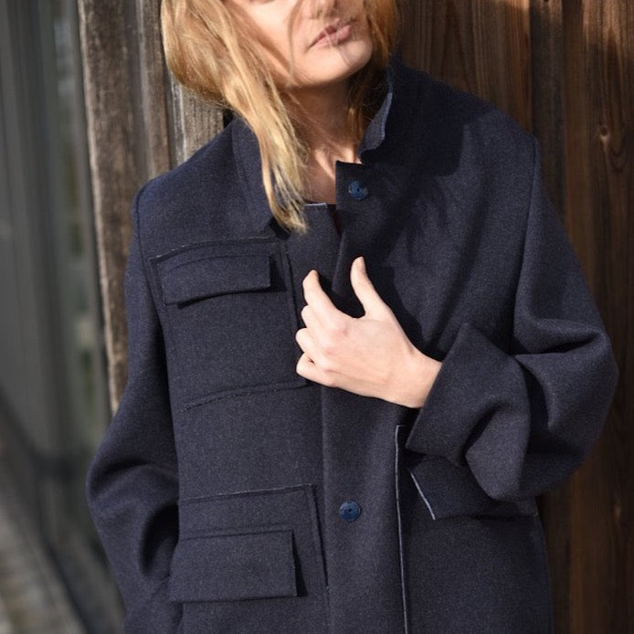 Oversized pockets, women's coat, dark, royal blue coat. casual and elegant coat. Cargo style coat loose, oversized fit. cruba