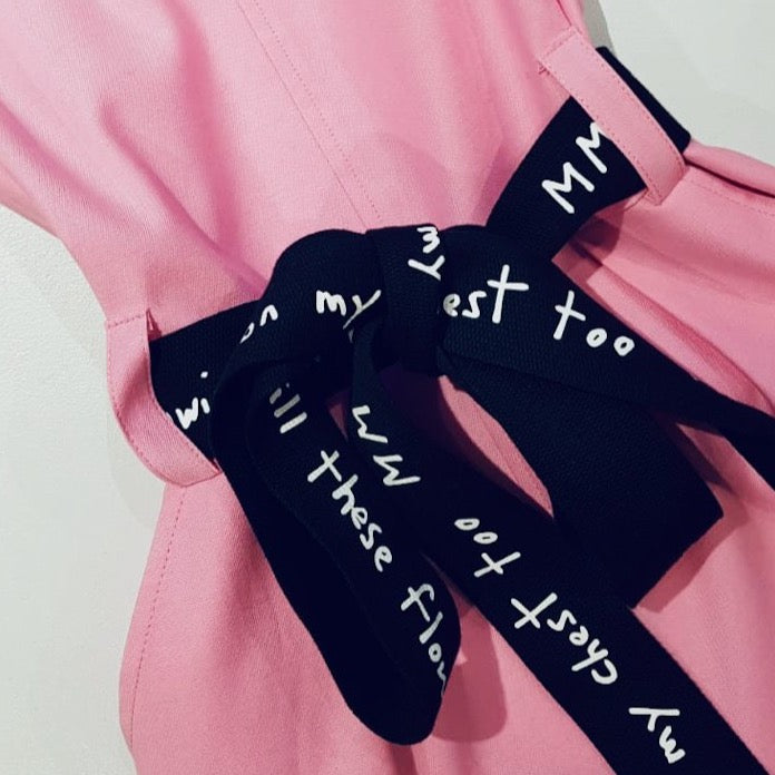 Canvas belt in black with writing. Collaboration with artist and designer. Designer clothing. Fashion belt for overall, dress or jackets. cruba