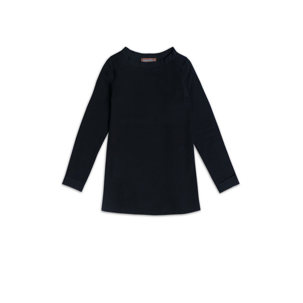 Cotton & elastic blend black, long sleeved blouse with waterfall cutout, loose fit, supportive back. Pregnancy blouse black. locally produced. free shipping, Berlin Germany. cruba