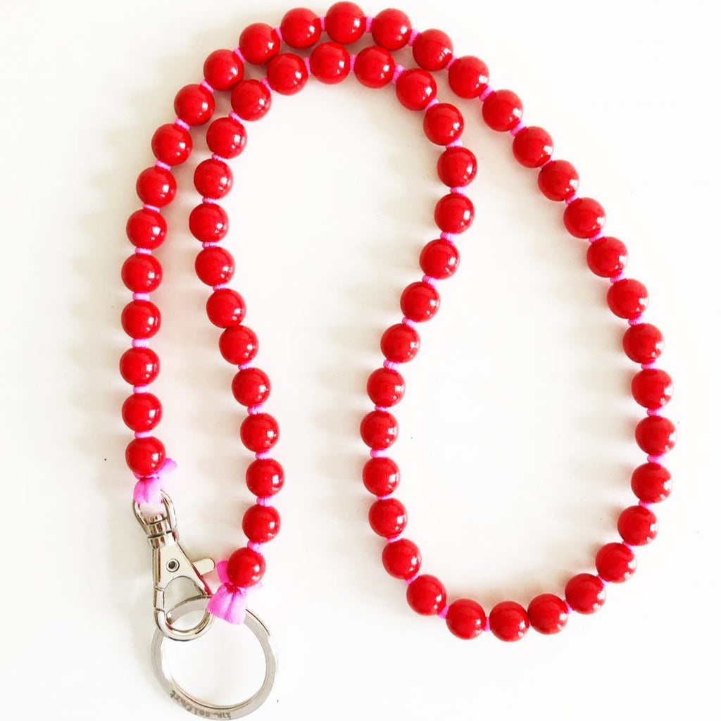 CRUBA Ina Seifart beaded keychains, colourful beads and colourful elasticated ribbon, red/pink