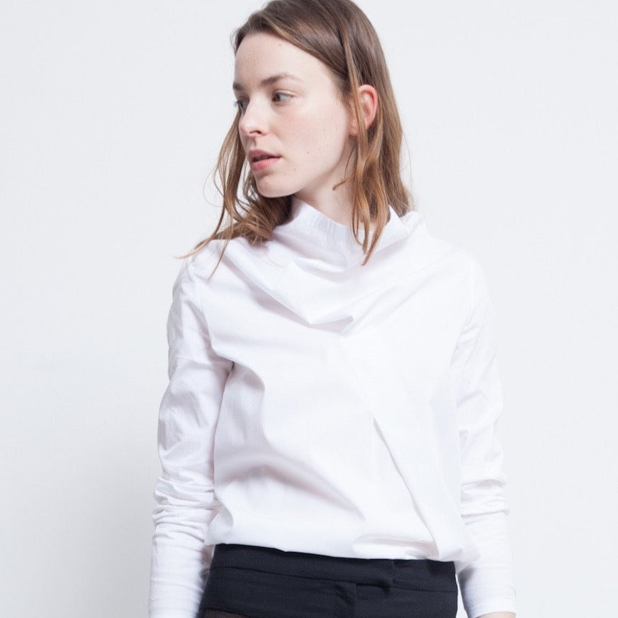 blouse, cowl neck, fold in the front, asymmetric seam, white