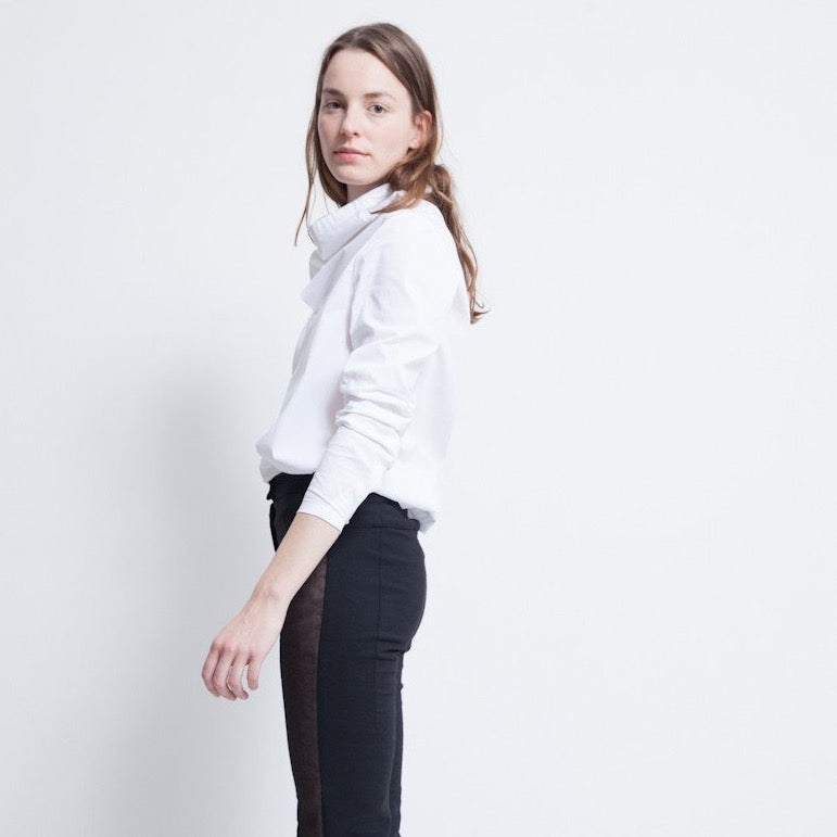 blouse, cowl neck, fold in the front, asymmetric seam, white