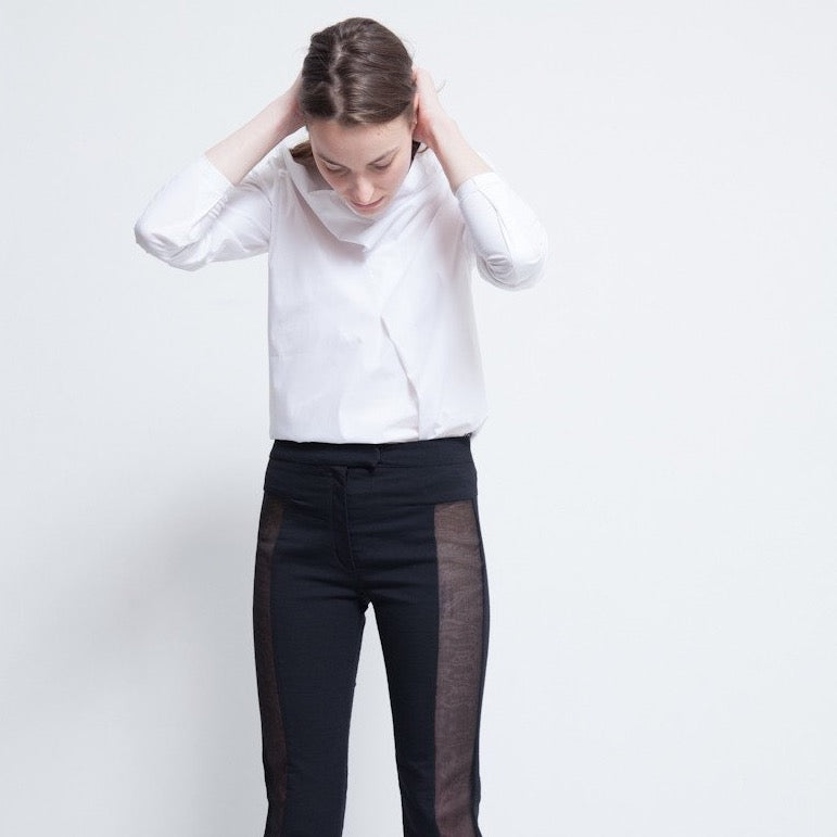 blouse, cowl neck, fold in the front, asymmetric seam, white